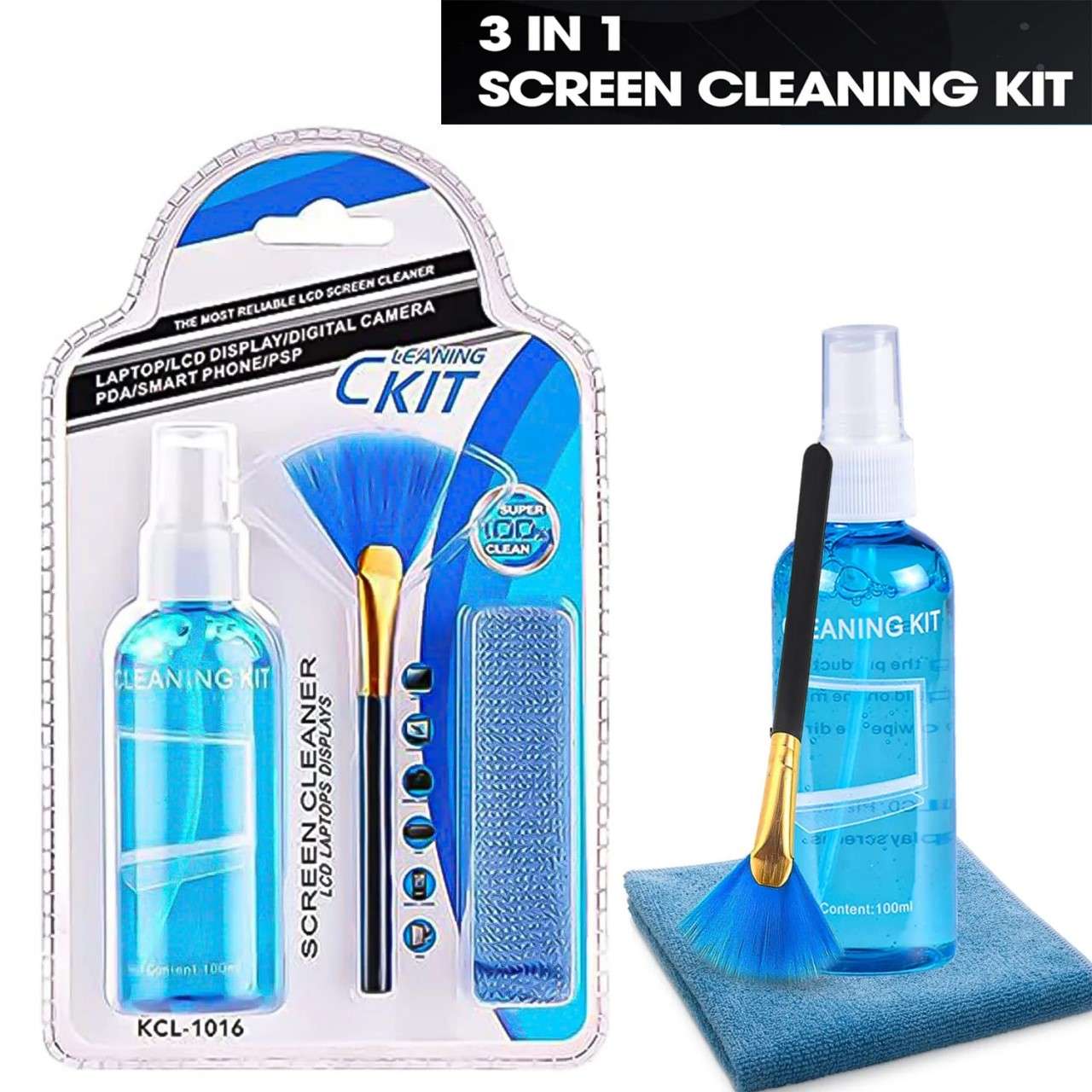 مجموعة أدوات تنظيف شاشة 3 فى 1 (سائل تنظيف-قماش تلميع-فرشة)KCL-1016