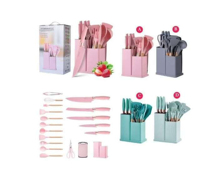 طقم رشاقة سكاكين و طقم توزيع مطبخ سيليكون بيد خشب