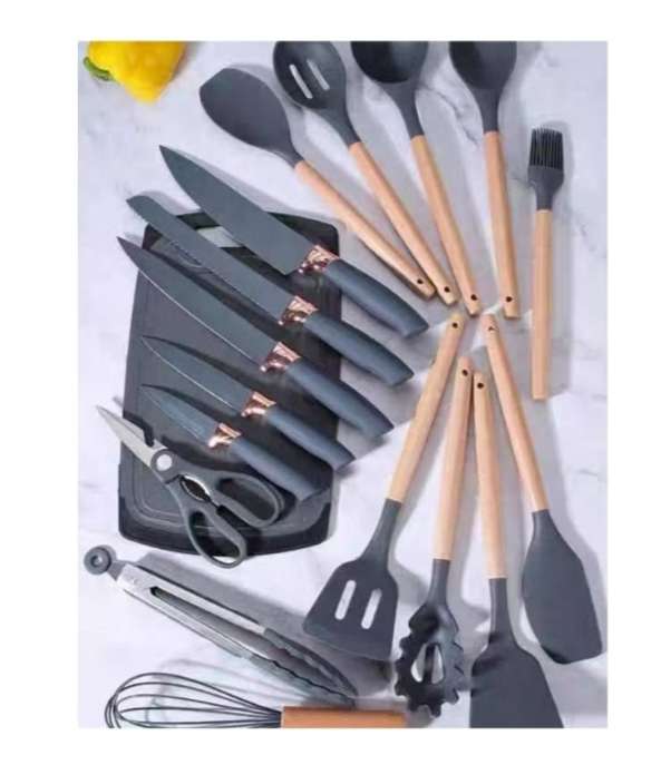 طقم رشاقة سكاكين و طقم توزيع مطبخ سيليكون بيد خشب